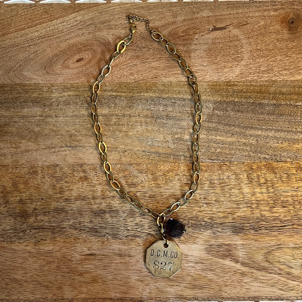 Brass Chain Necklace with Octagon Tag and Purple Gem